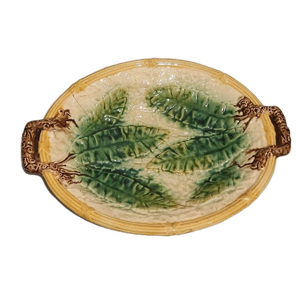 Antique Majolica Banana Leaf Basket Handled Ceramic 12.5"X9" Tray Platter
